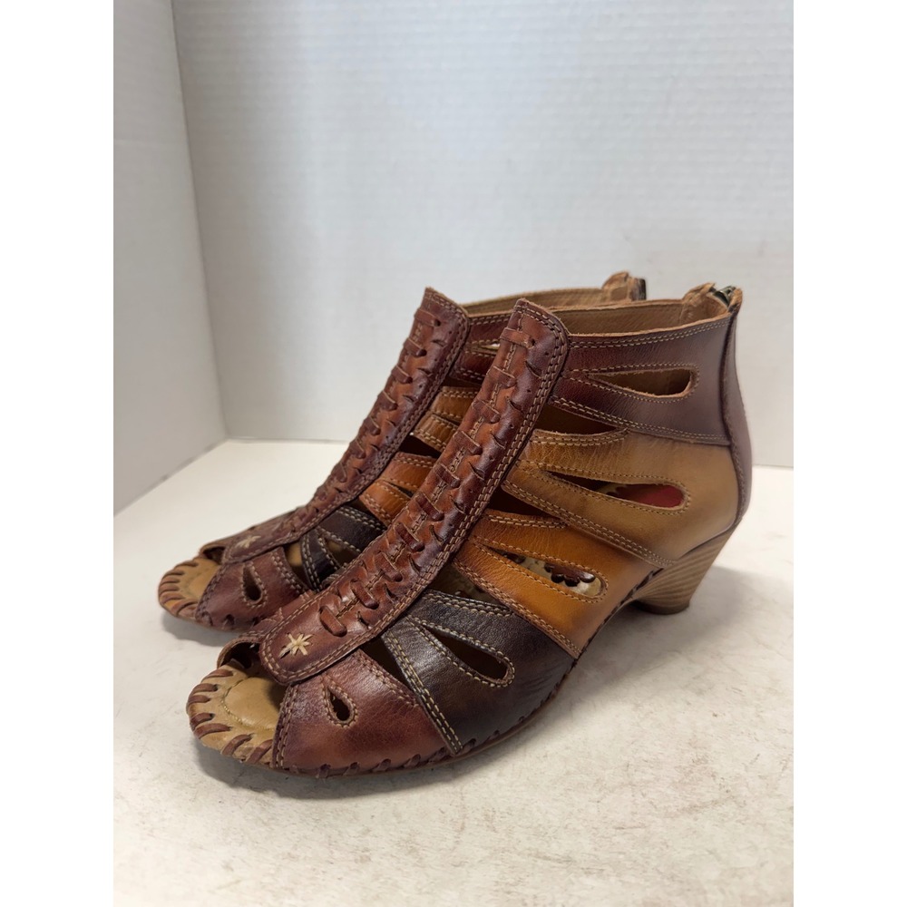 Pikolinos Brown Leather Cage Wedge Sandals Huarache Peep Toe Size 37 6.5